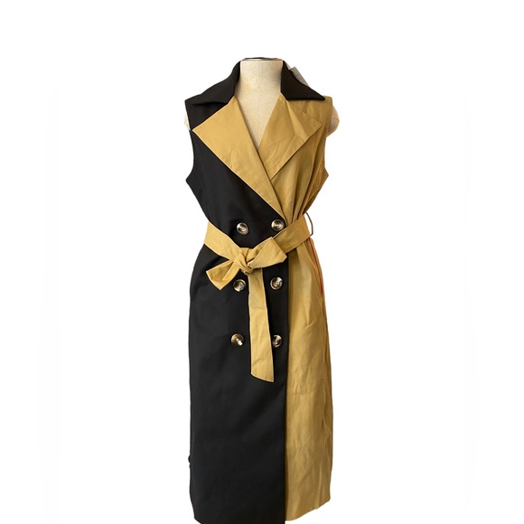 CHOOSY NWT Blackjack Two Tone Black Khaki Tan Trench Vest Dress Collared. Small - Picture 3 of 15